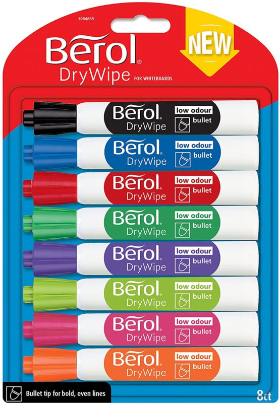 Berol Dry Wipe Bullet Tip Whiteboard Marker - Assorted Colours (Pack of 8)