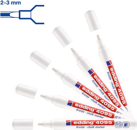 edding 4095 Chalk Marker Pen Set - White - 5 Chalk Pens - Round Tip 2-3 mm - Medium-Tipped Wet Wipe Pen for Chalkboards, Windows, Glass, Mirrors - Liquid Chalk Marker Pens for Opaque Coverage