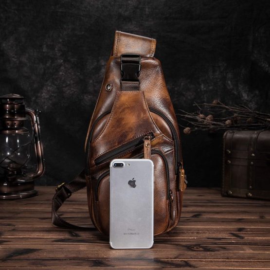 Le'aokuu Men Genuine Leather Chest Bag Fashion Casual Travel Hiking Crossbody Sling Bag Rig One Shoulder Strap Bag Backpack 8015 - Image 2