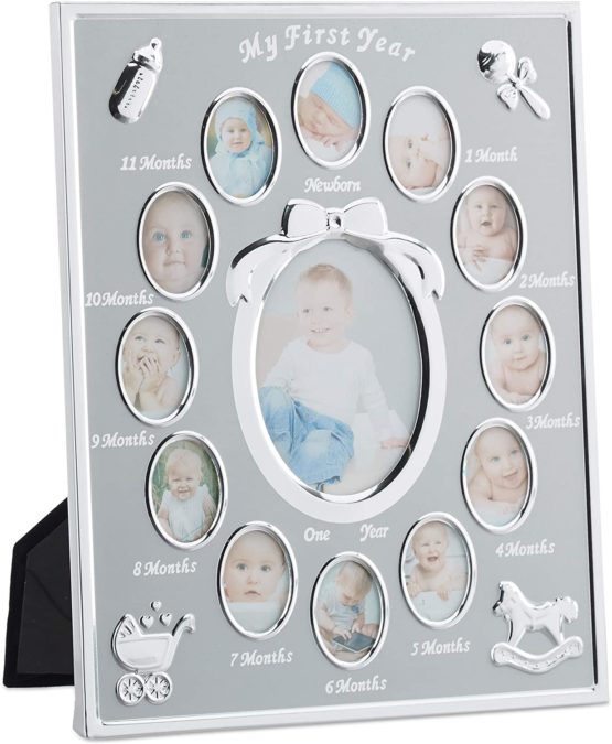 Relaxdays Nursery Picture Frame for 13, Month Aluminium Photo Calendar, 29 x 24 cm, Display Collage, Silver, 29 x 24 x 0.85 cm