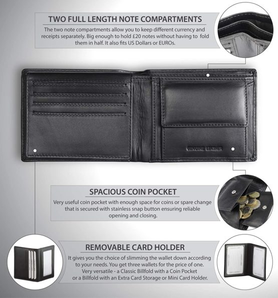 Koruma Mens Premium Genuine Leather Bifold Wallet Smart Credit Card Blocker and Coin Pocket with RFID & 100% NFC Protected – Black 3-in-1 Wallet - Image 3