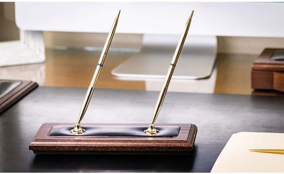 Dacasso Walnut & Leather Pen Stand, Wood, Walnut and Black Leather, 23.5 x 10.79 x 22.86 cm - Image 4