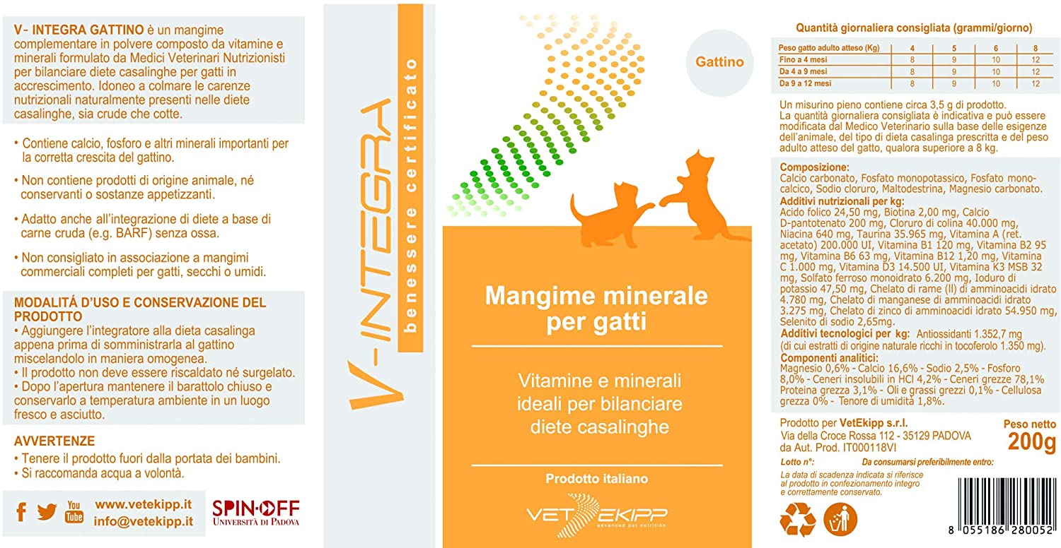 V-INTEGRA Kitten - Complete Supplement Rich in Vitamins and Minerals, for the Housewife Diet of the Puppy Cat - 200 g - Made in Italy - Image 4
