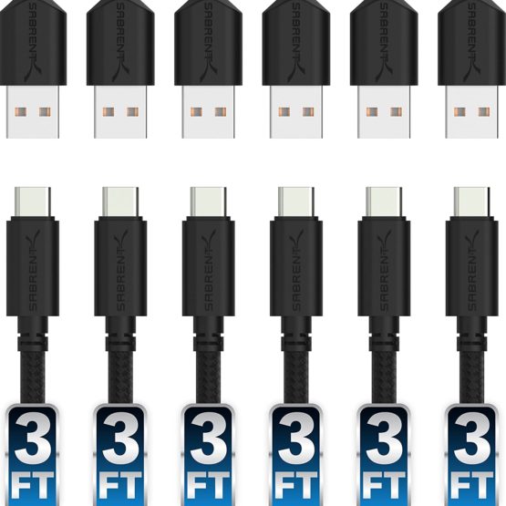 Sabrent [6-Pack] 22AWG Premium 3ft USB-C to USB A 2.0 Sync and Charge Cables [Black] (CB-C6X3)
