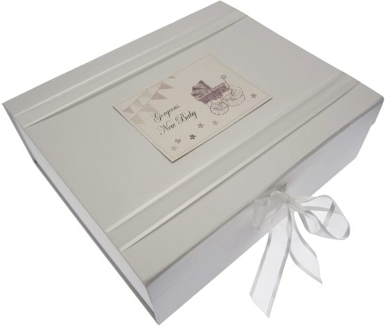 New Baby, Large Keepsake Box, Silver Pram & Bunting