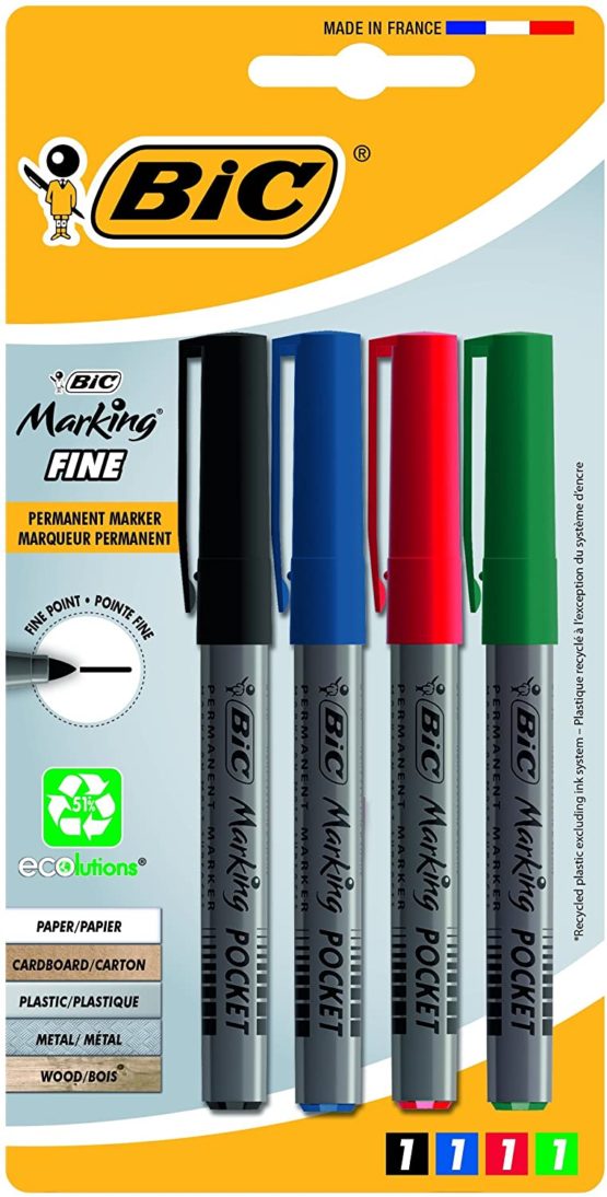 BIC Marking Fine ECOlutions Permanent Markers with Fine Conical Tip – Assorted Colours, Blister Pack of 4