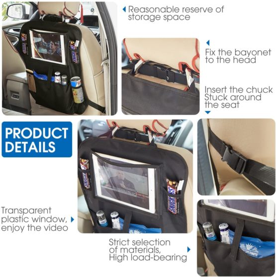 Tech Traders ® Back Seat Car Organiser with 10.1" iPad/Tablet Holder Touch Screen Kids Kick Mat Seat Protector Cover Universal Fit Multi Pockets Children’s Storage - Black - Image 4