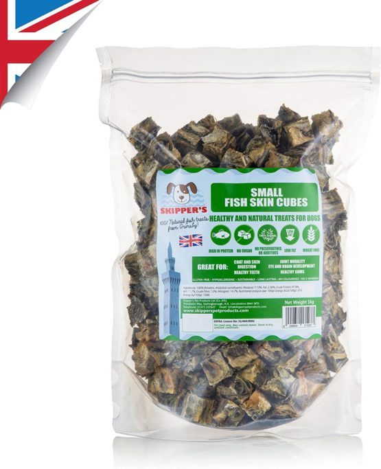 SKIPPER'S Dry Fish Skin Jerky Cubes -100% Natural Gently Air Dried Fish For Dogs Treats, Good for the Health, High in Protein and Grain Free - Popular Dog Treats (Cube size Small, 1Kg Pack)