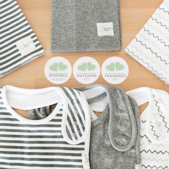 Budding Bear Premium Baby Feeding bibs (pack of 5) - 100% Organic Cotton Front and Absorbent Towel Backing - Baby Bibs for Girls and Boys with 4 Adjustable Nickel Free Snap Buttons - Grey and White - Image 4