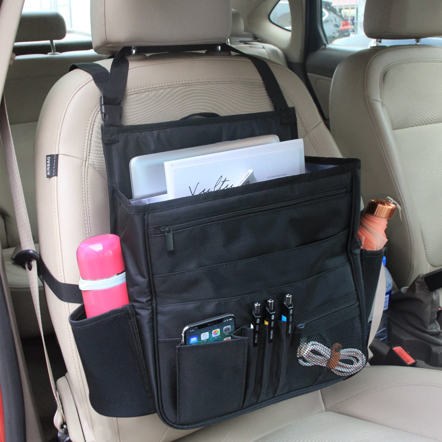 Luxja Car Seat Storage Organiser, Car Seat Organiser Front, Car Seat Back Storage Bag with Laptop & Tablet Storage, Black - Image 3