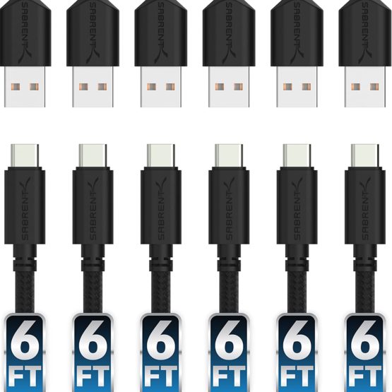 Sabrent [6-Pack] 22AWG Premium 6ft USB-C to USB A 2.0 Sync and Charge Cables [Black] (CB-C6X6)