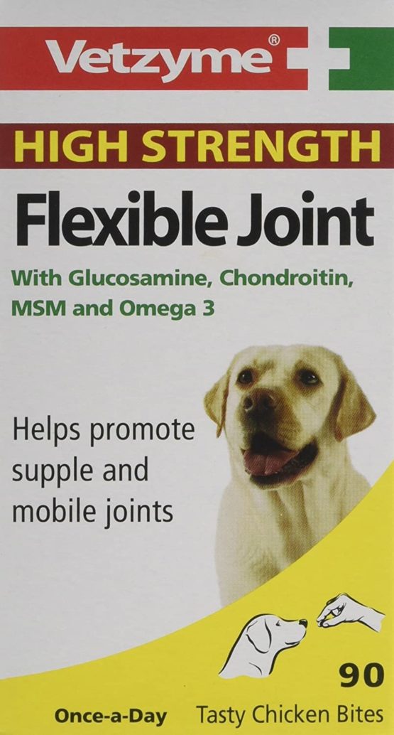 Vetzyme | High Strength Flexible Joint Tablets for Dogs, Promotes Supple and Mobile Joints | Tasty Chicken Treats with Glucosamine & Omega 3 (90 Tablets)