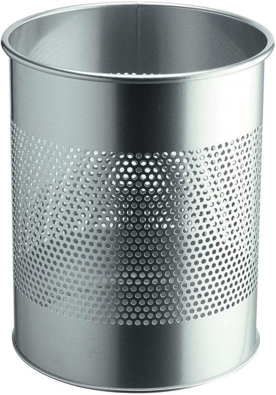 Durable Metal Round Waste Bin Silver 15 Litre Capacity | Stylish 165 mm Perforated Ring | Waste Basket for Offices, Schools, Home, etc.