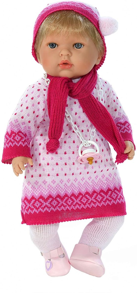 Nines Artesanals d'Onil Tita Tricot Dolls (R/1010), Baby doll (18") with a soft body, wearing a pretty knitted dress with matching bonnet, tights and scarf. Perfect for playing dress and undress