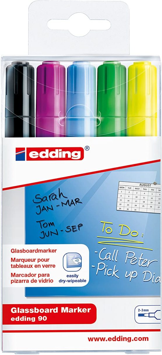 edding 90 Glassboard Marker Set - Multi-Coloured - 5 Glass Pens - Round Nib 2-3 mm - Washable Window Marker Pens - for Writing and Marking on Glass Surfaces -Windows, Glassboards - Dry-Wipeable