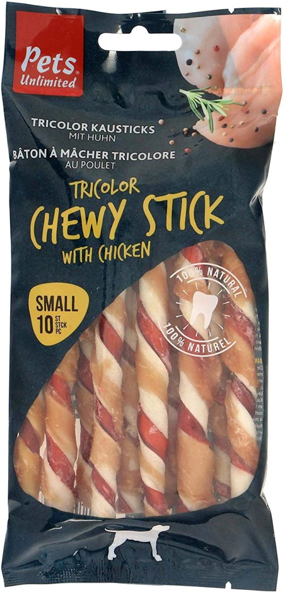 Pets Unlimited Tricolor Chewy Sticks with Chicken Small, 10pc, clear
