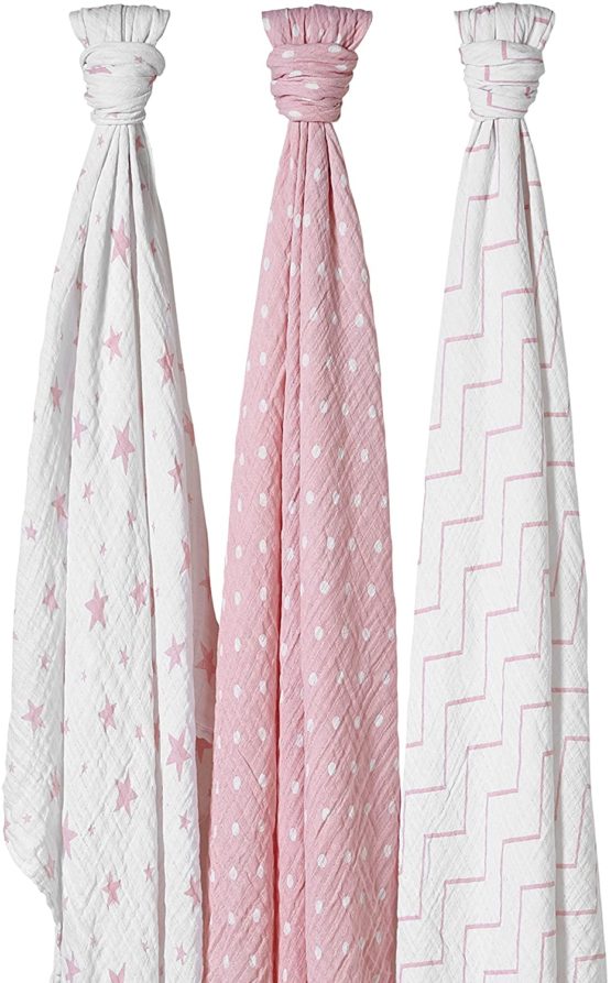 Bloomsbury Mill - Pack of 3 x Large Soft Muslin Swaddles - Pram & Nursing Cover - 100% Pure Organic Cotton Muslin in Gifting Ribbon - 120cm x 120cm - Stars, Chevrons & Polka Dots - Blue & White - Image 3