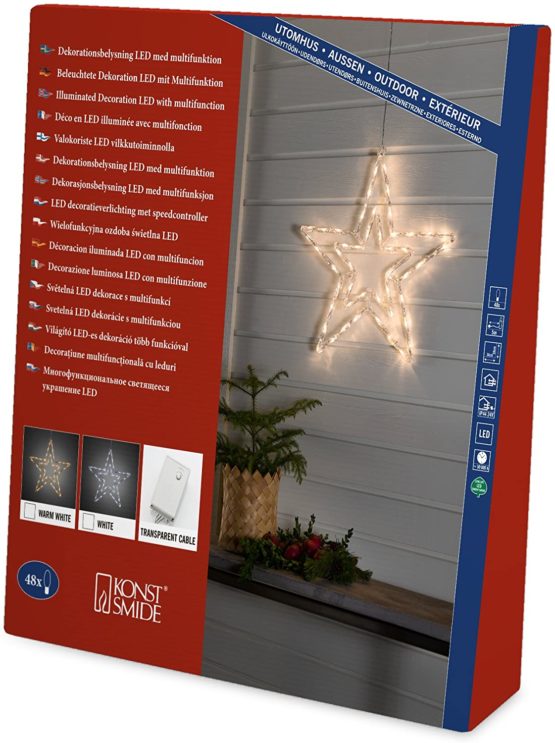 Konstsmide 4471-103EE Christmas Outdoor Silhouette Lights / LED Acrylic Decoration Star / Outdoor Lighting (IP44) / 8 Functions, with Memory Control Unit / 48 Warm White LEDs / Transparent Cable