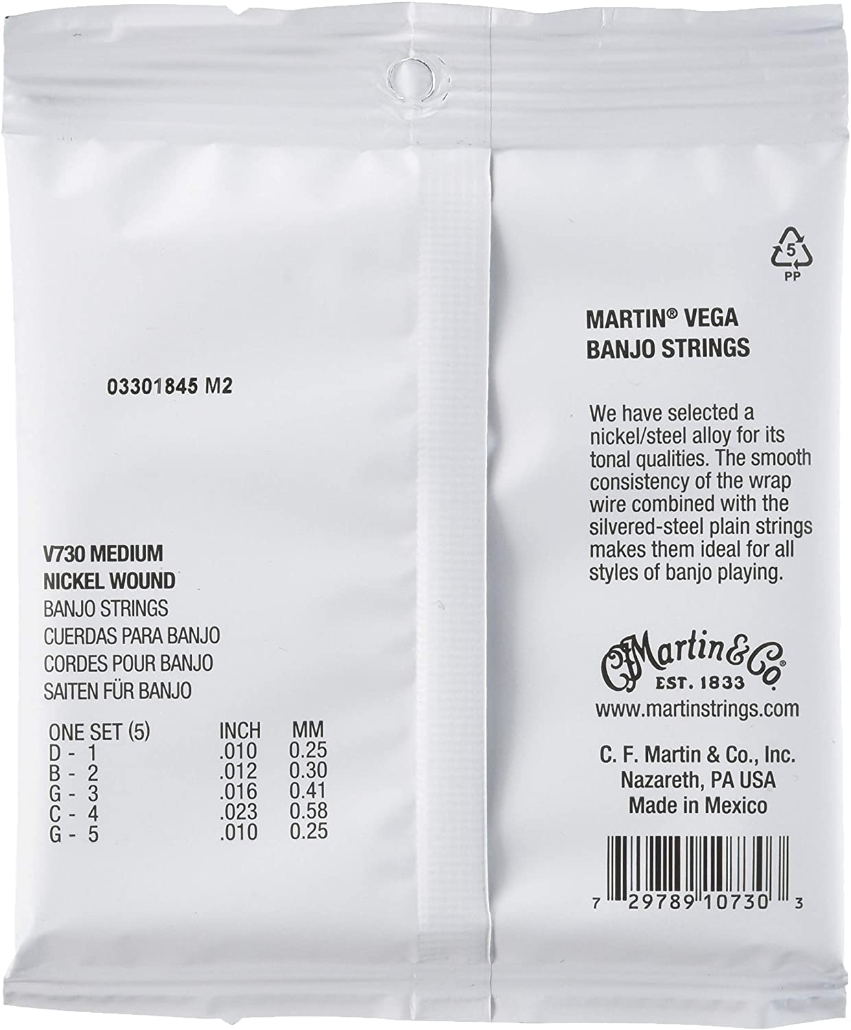 Martin V730 Banjo Strings 5 String Banjo - (Medium.010 - .023 and .010), Nickel Wound, Medium ( 10-23 & 10 ) - Image 2