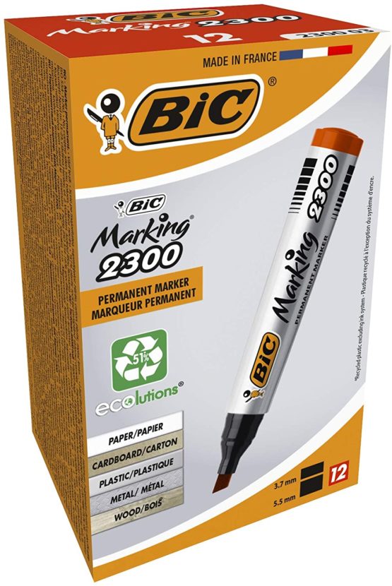 BIC Marking 2300 ECOlutions Permanent Markers - Red Colour - Box of 12 - Medium Chisel Tip Markers - Low Odour