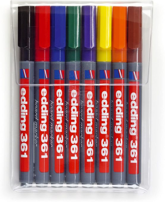 edding 361 Whiteboard Marker Set - multi-coloured - 8 Whiteboard Pens - Round Tip 1 mm - Whiteboard Pen Dry wipe - for Whiteboards, flipcharts, magnetic, memo boards - sketchnotes - Refillable