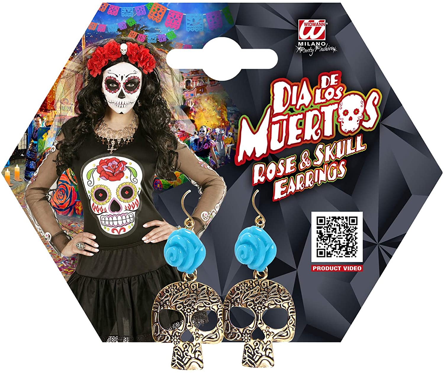 WIDMANN 03505, Pair of Earrings with Skull and Rose, Adult Woman, Dia De Los Muertos, Skeletons, Halloween, Carnival - Image 2