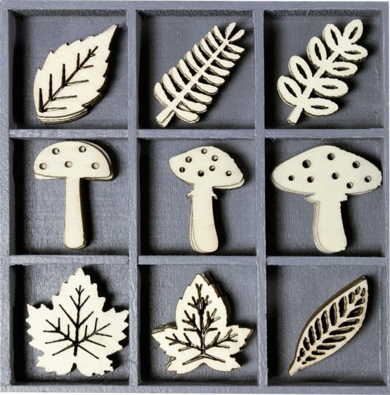 cArt-Us Box with Wooden Ornaments Mushroom Leaves 10.5x10.5cm, Wood, Natural