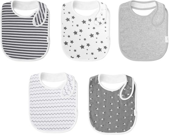 Budding Bear Premium Baby Feeding bibs (pack of 5) - 100% Organic Cotton Front and Absorbent Towel Backing - Baby Bibs for Girls and Boys with 4 Adjustable Nickel Free Snap Buttons - Grey and White