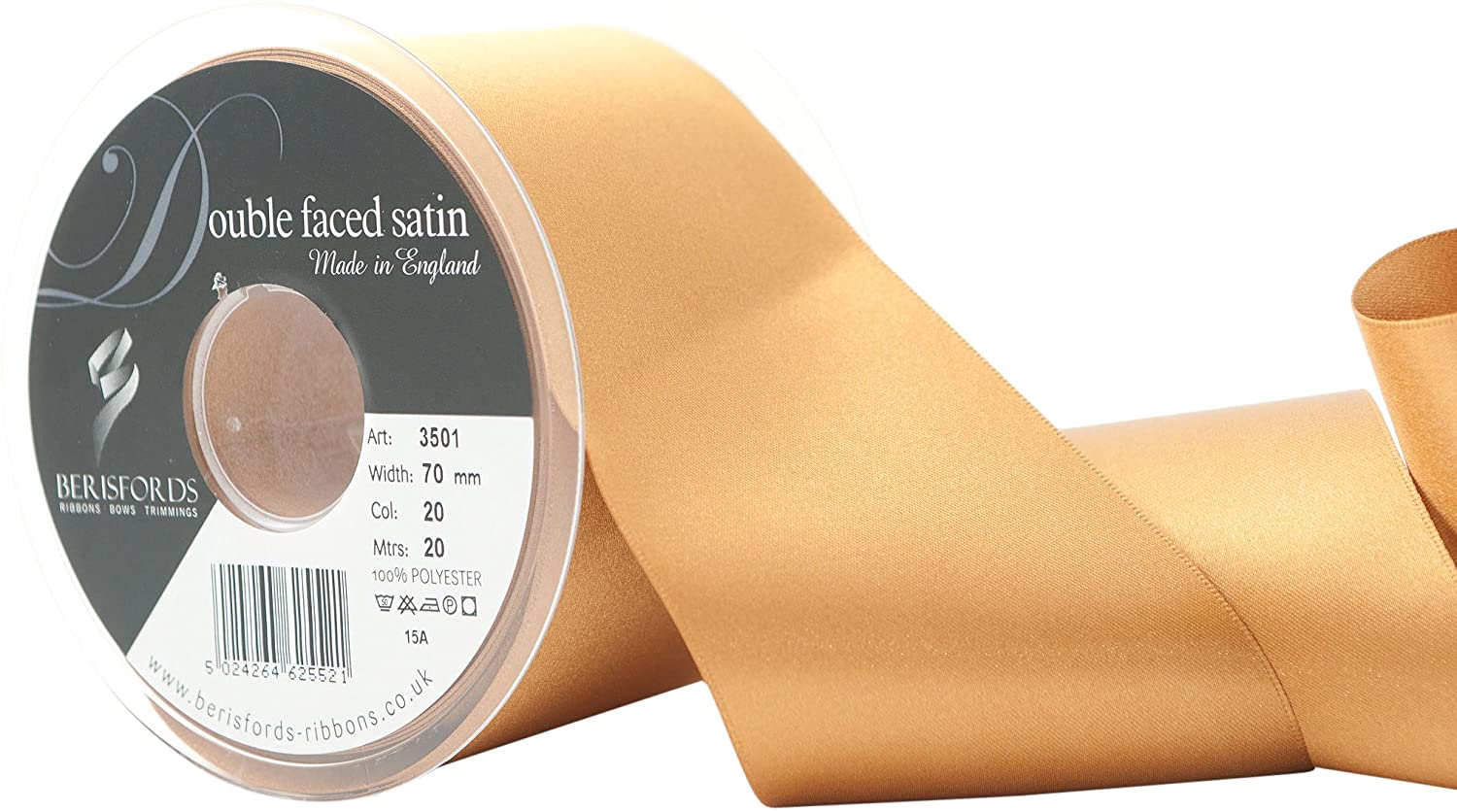 Berisfords Double Faced Satin Ribbon, Old Gold, 70 mm Width, 20 metre Length
