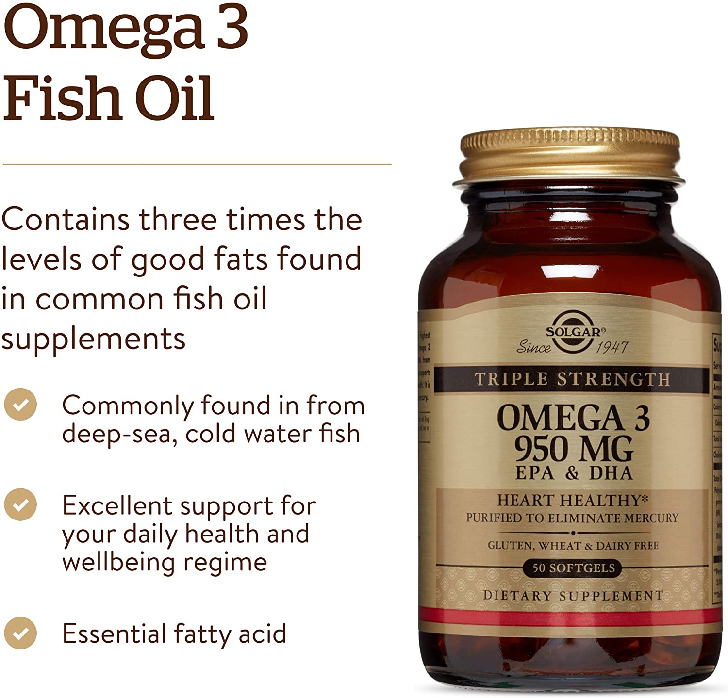 Solgar Triple Strength Omega 3 - Supports Brain & Eyes - Heart Health Friendly - Fish Oil - 50 Softgels, Brown, 50 count (Pack of 1) - Image 3