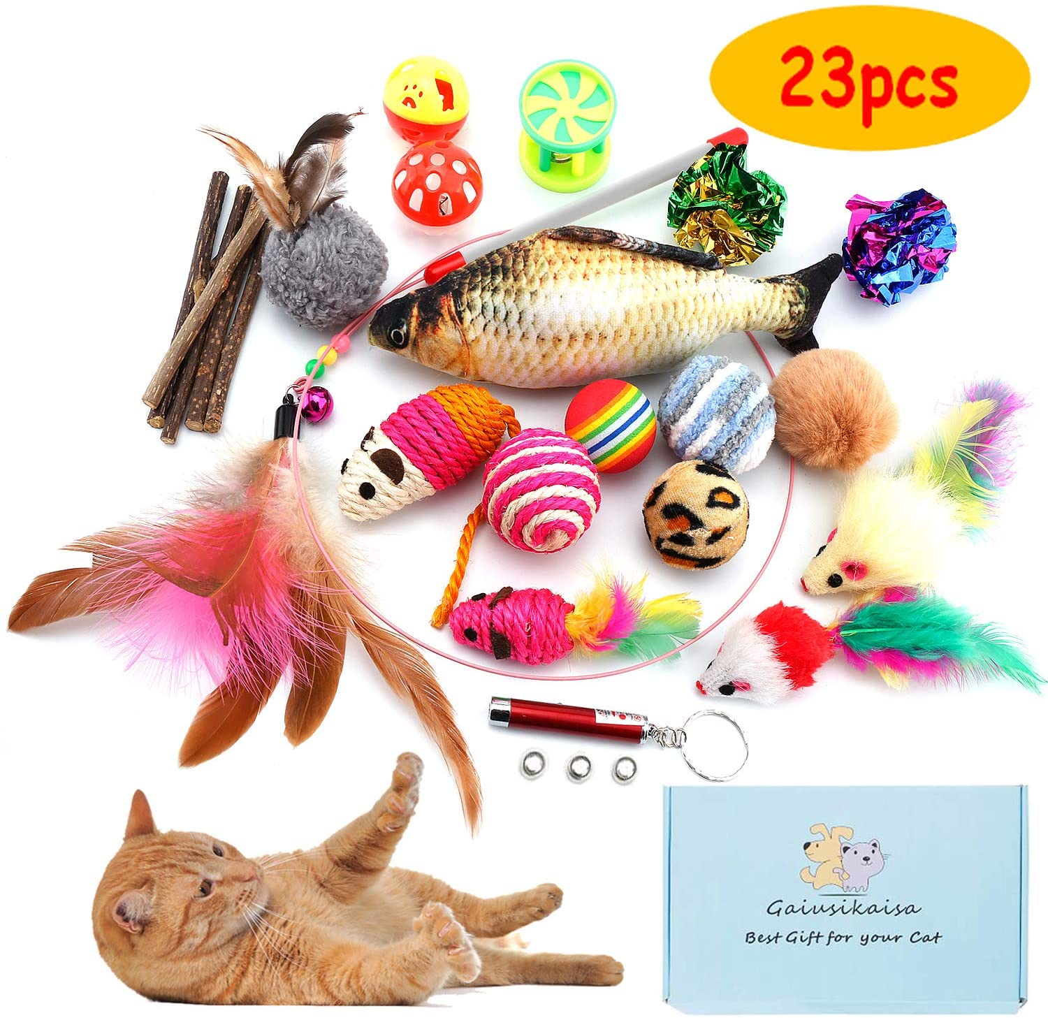 GaiusiKaisa Cat Toys, 23Pcs Interactive Toys for Indoor Cat & Kitten with Feather Wand, Catnip Fish, Matatabi Sticks