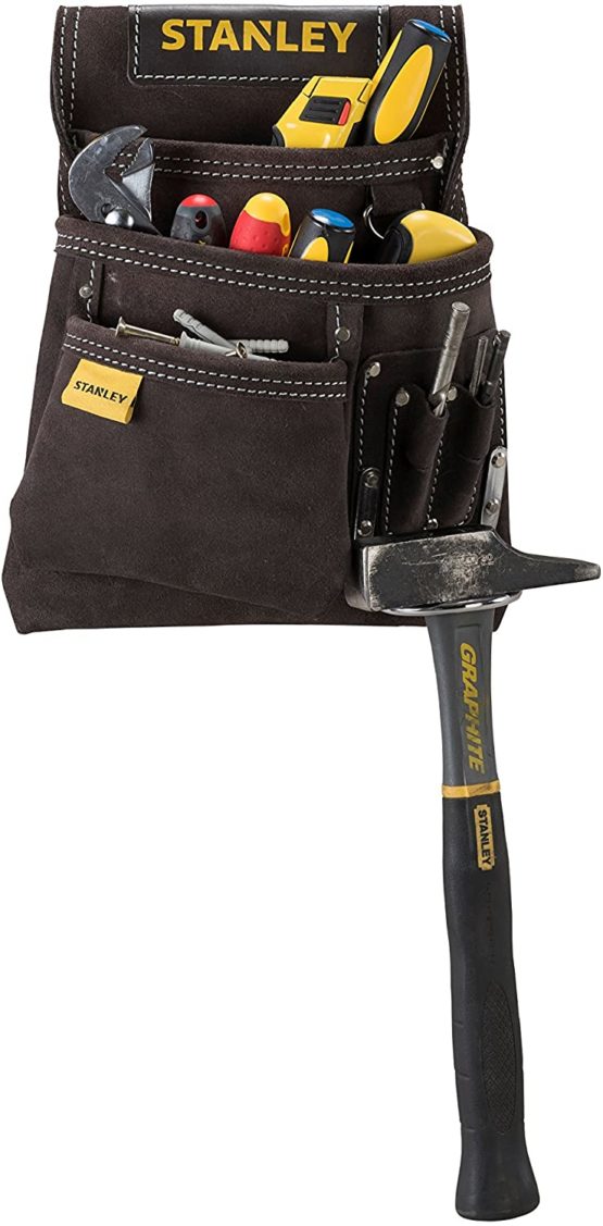 STANLEY Leather Tool Pouch, Double Pocket Storage Organiser, Hammer Loop, STST1-80114 - Image 2