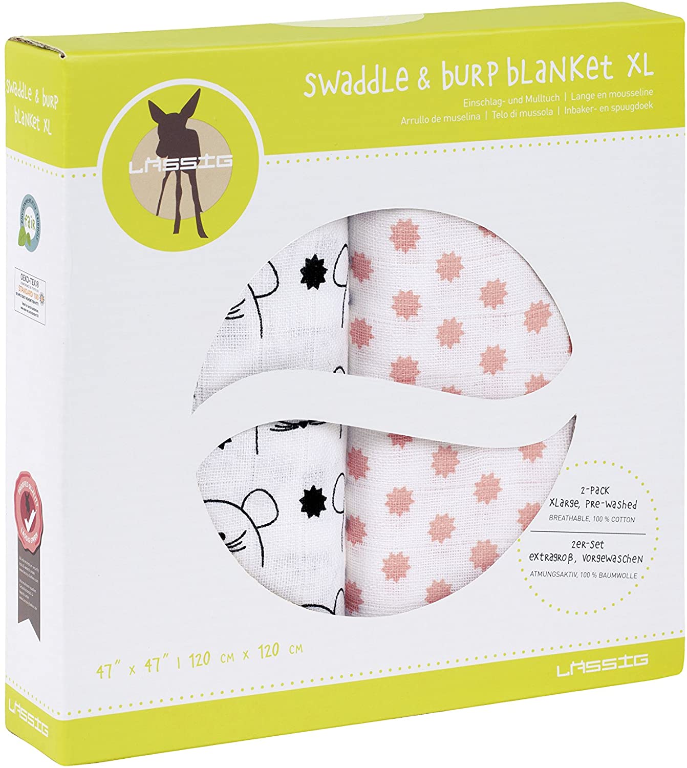 LÄSSIG Baby Burp Cloth Swaddle & Burp Blanket Cotton 2 pcs assorted 120 x 120 cm Little Chums Mouse, Twin