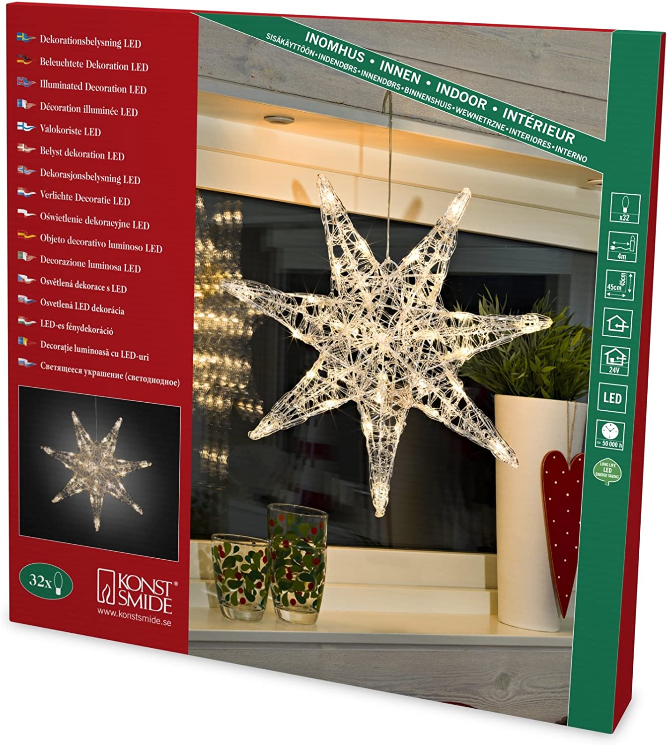 Konstsmide 6110-103 Christmas Lights / 7 Pointed Star / Indoor Christmas Light Decoration / 32 Warm White LEDs / Transparent Cable