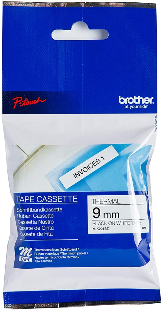 Brother M-K221BZ Labelling Tape Cassette, Black on White, 9 mm (W) x 8 m (L), Brother Genuine Supplies
