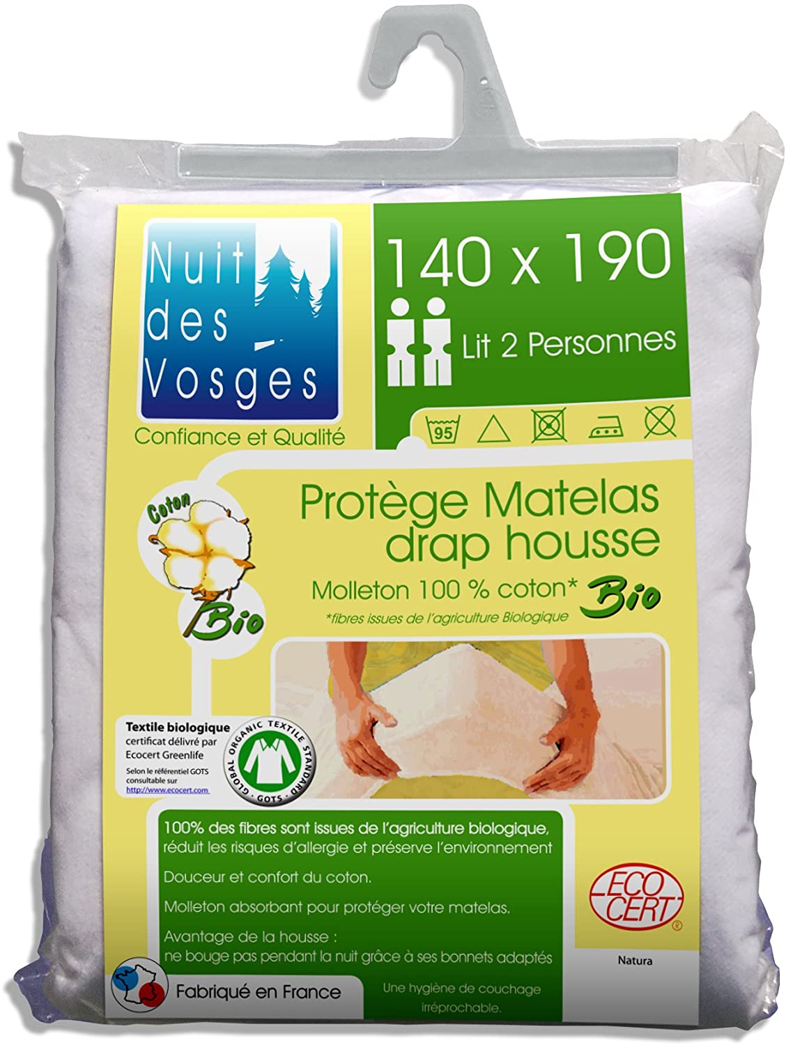 Night of the Vosges 201912 Molton Mattress Cover 100% Organic Cotton White 140 x 190 cm, 140x190x cm