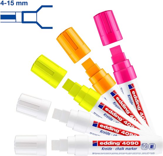 edding 4090 Chalk Marker Pen Set - 2 White, 3 Neon Colours - 5 Chalk Pens - Chisel Tip 4-15 mm - Wet Wipe Pen for Chalkboards, Windows, Glass, Mirrors - Liquid Chalk Marker Pens for Opaque Coverage