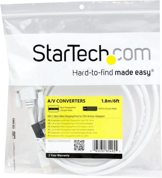 StarTech 6 foot Mini DisplayPort to DVI Active Adapter Converter Cable - 6 ft (1.8m) Active mDP to DVI M/M Cable - 1920x1200 - White (MDP2DVIMM6WS) - Image 4