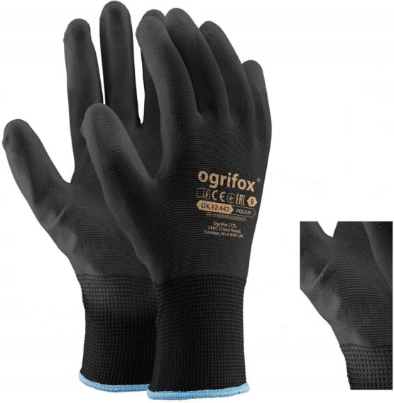 24 Pairs PU Coated Black Nylon Work Gloves. Gardening, Builders, Mechanic and round sticker AJS LTD® (L-9)