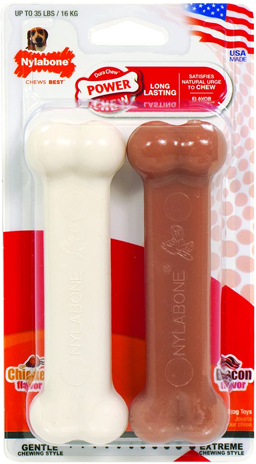 Nylabone 2 x Dura Chew Extreme Tough Dog Chew Toy Bones, 1 Bacon & 1 Chicken, Medium, For Dogs Up To 16 kg,White/Brown