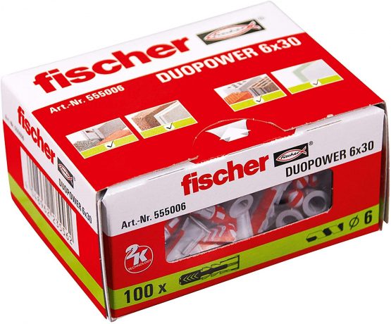 fischer 555006 DUOPOWER Wall Plug, Red/Grey, 6x30, Set of 100 Pieces