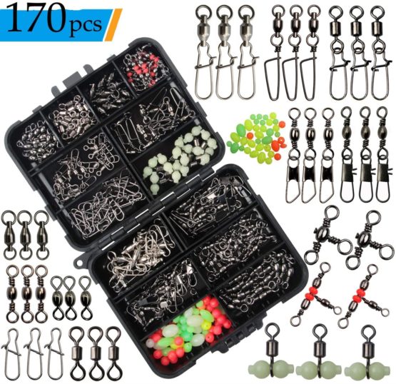 JSHANMEI Fishing Swivels Snaps Kit Stainless Steel Barrel Swivel, Snap Swivels, Fishing Beads, 3 Way Swivel, Ball Bearing Swivel for Freshwater Saltwater Fishing Accessories Tackle Box