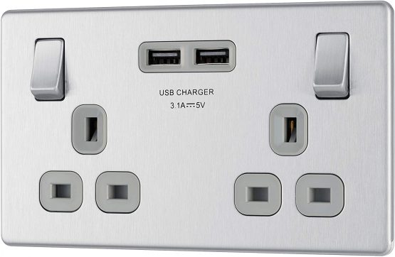 BG Electrical fbs22u3g Screwless Flat Plate Double Switched Fast Charging Power Socket with Two USB Charging Ports, 13 A, Brushed Steel, 16.3 cm*18.0 cm*3.1 cm - Image 2