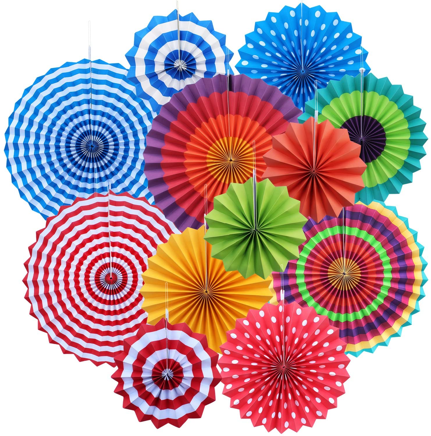 Yotako 12Pcs Party Decorations, Reusable Paper Fan Decorations with 3 Sizes & Clips