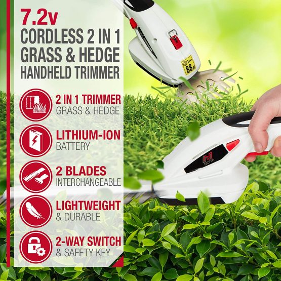 NETTA 7.2V Cordless 2 in 1 Lithium-Ion Grass and Hedge Trimmer, Edging and Shrub Shear - Handheld - Image 2