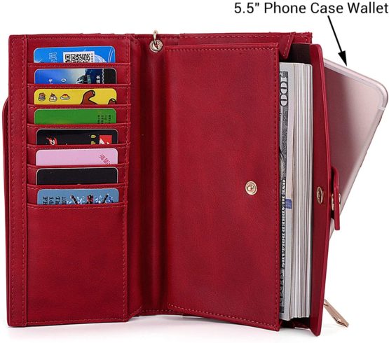 UTO RFID Blocking Phone Wallet for Women Ladies Wristlet Clutch Purse 21 Slots Card Organizer Fits 5.5' Cellphone PU Leather Red - Image 3
