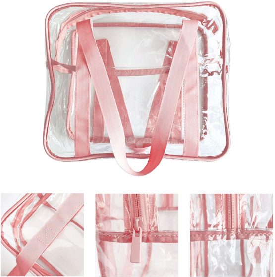 FIYUK Clear Tote Bag Transparent Cosmetic Makeup Toiletry Bag Lightweight Waterproof Organizer Large Storage (Pink) - Image 3