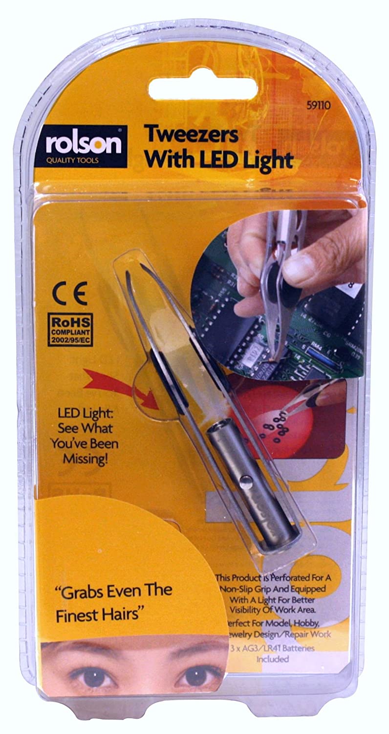 Rolson 59110 Tweezers with LED Light, Silver, 95mm - Image 2