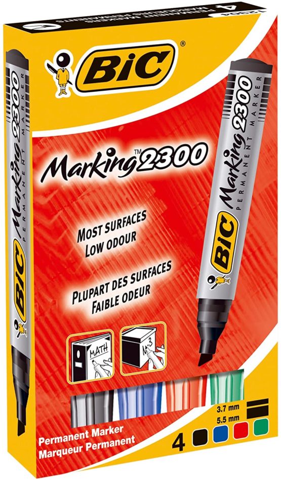 BIC Marking 2300 Ecolutions Permanent Markers - Assorted Colours, Pack of 4 Markers With Chisel Tip - 3.7 to 5.5 mm