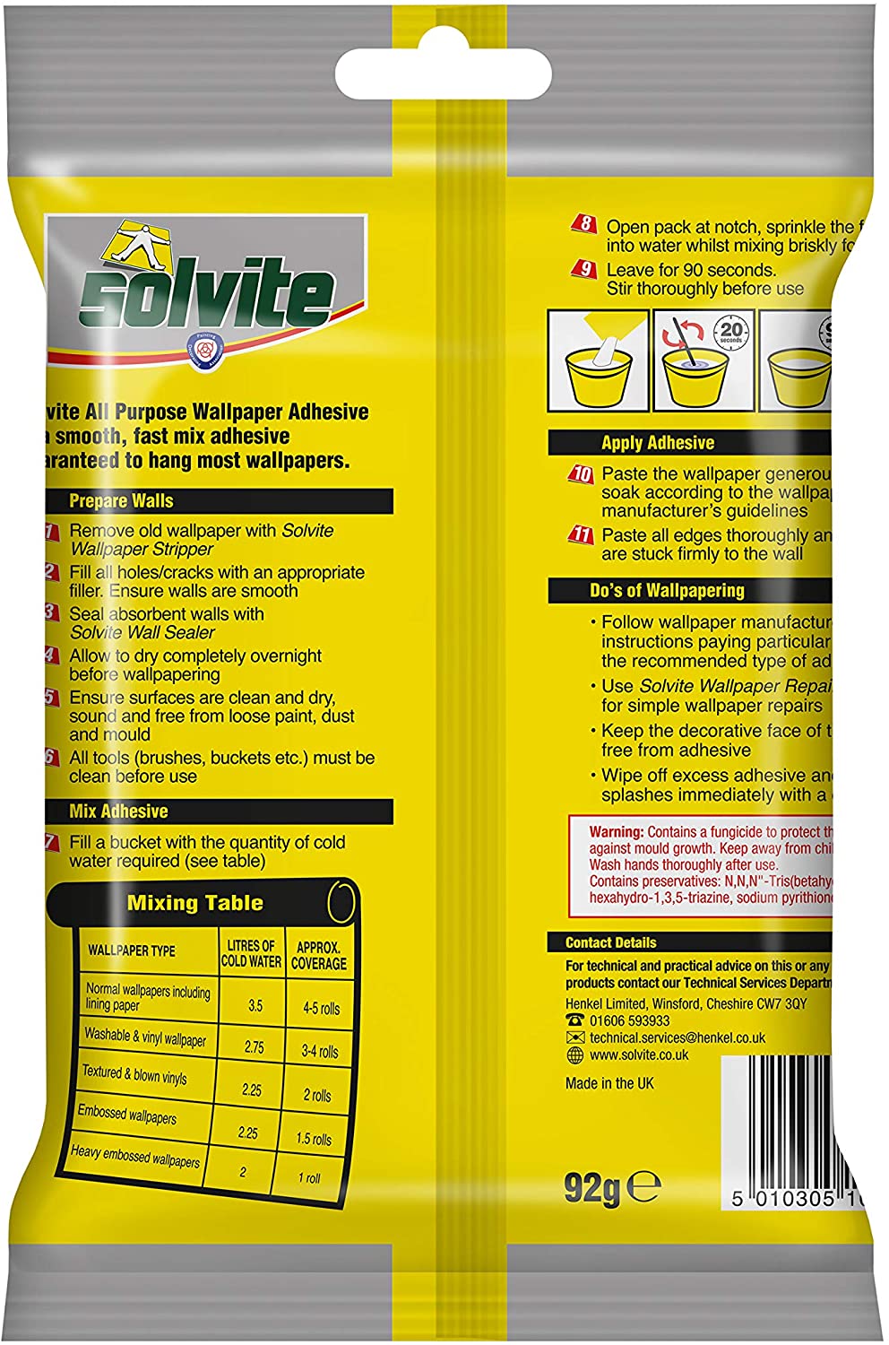 Solvite All Purpose Wallpaper Adhesive,Wallpaper Paste, Mixes in 20 Seconds, Hangs up to 5 Rolls, 1x92 g Sachet - Image 2